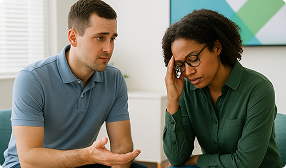 A counsellor offering advice to a stressed patient
